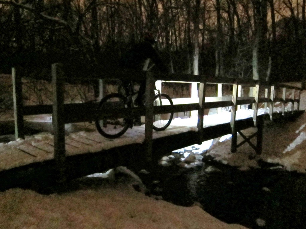 Seven on a pedestrian trail bridge at night