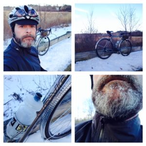 Montage of Matt, his bike, and his frozen beard