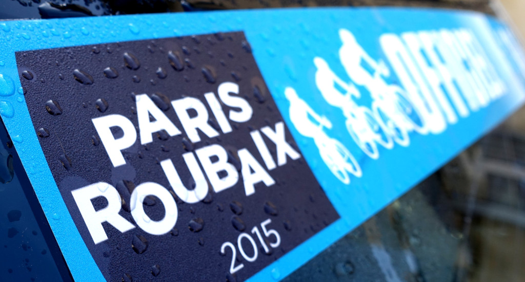 Rain Soaked Paris Roubaix sign 2015