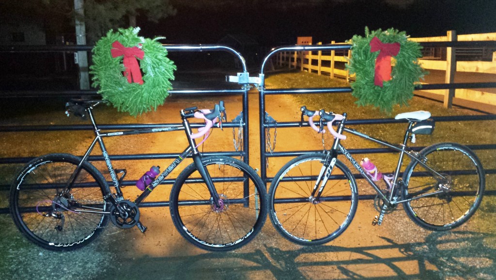 Two Evergreens with pink bar tape in front of a gate with wreaths on them