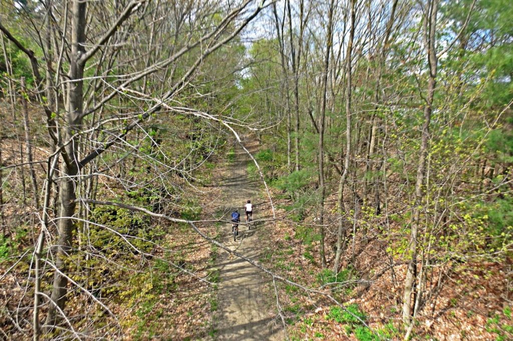 Two riders on a wide trail on a spring day