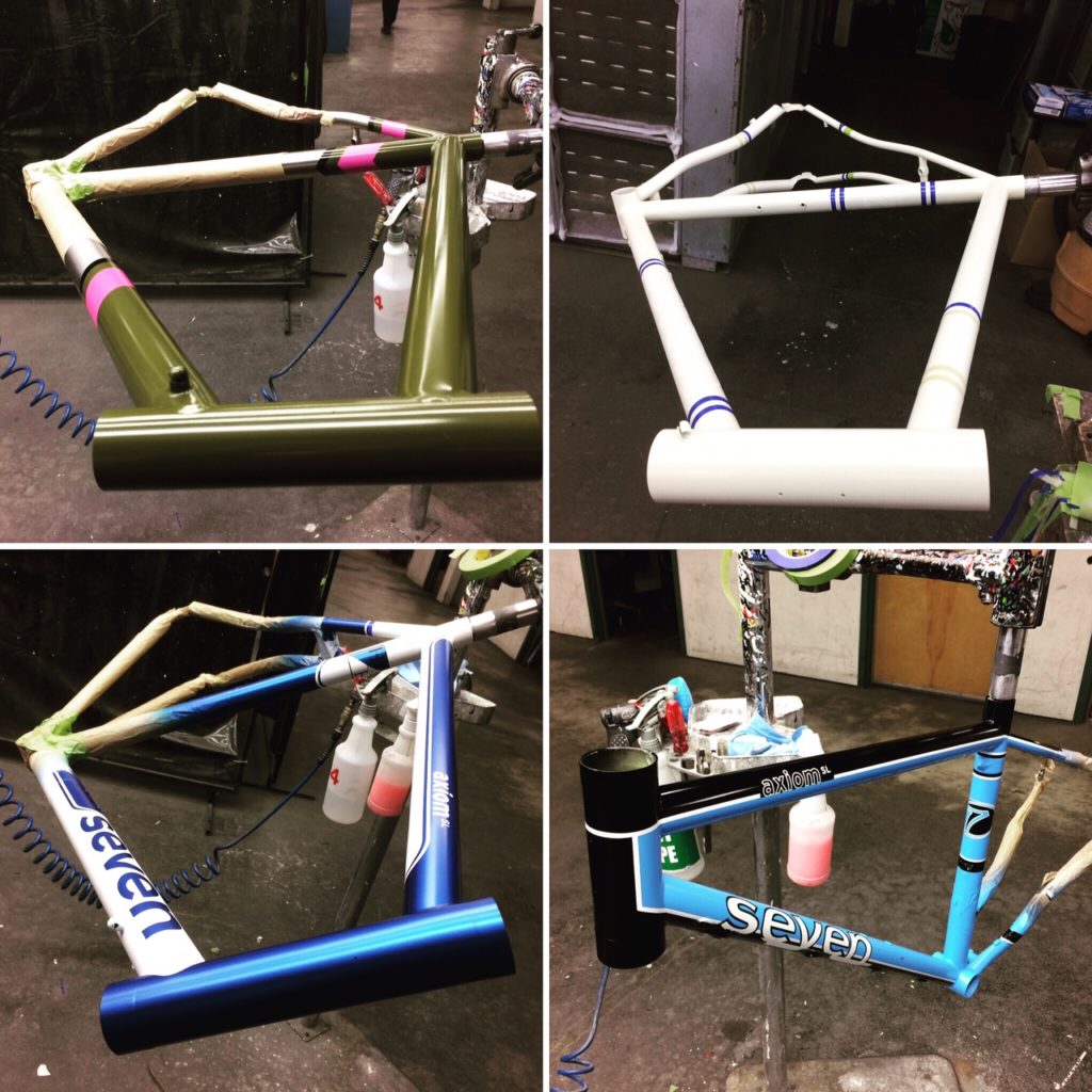Four images of bicycle frames being painted in stands