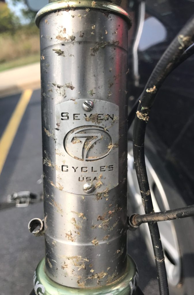a Seven head tube spattered with dirt