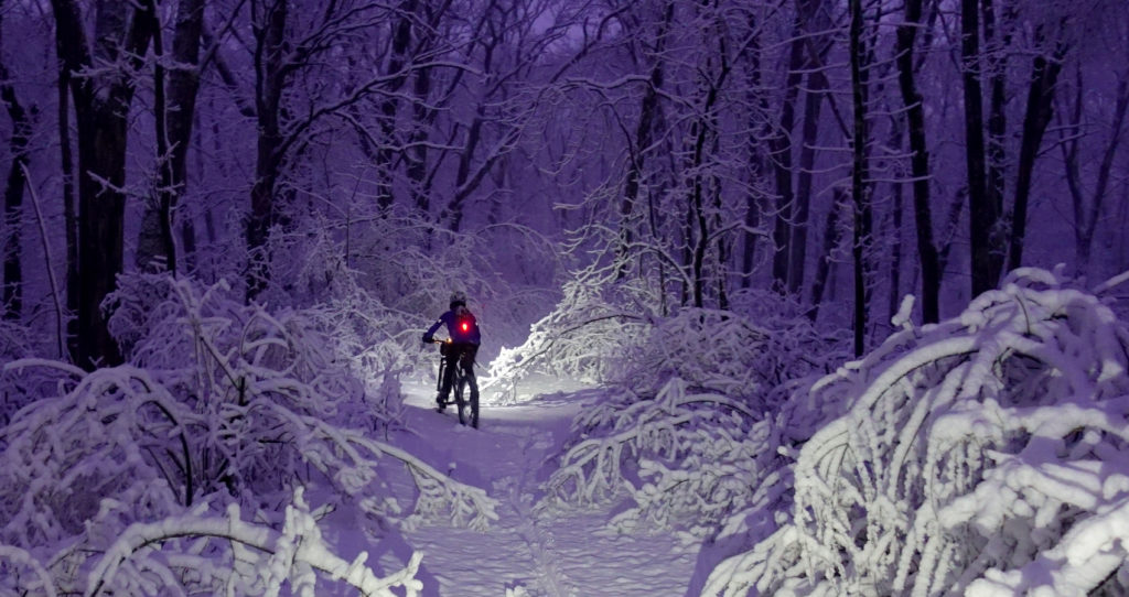 Cyclist rides a snow forest trail in the night