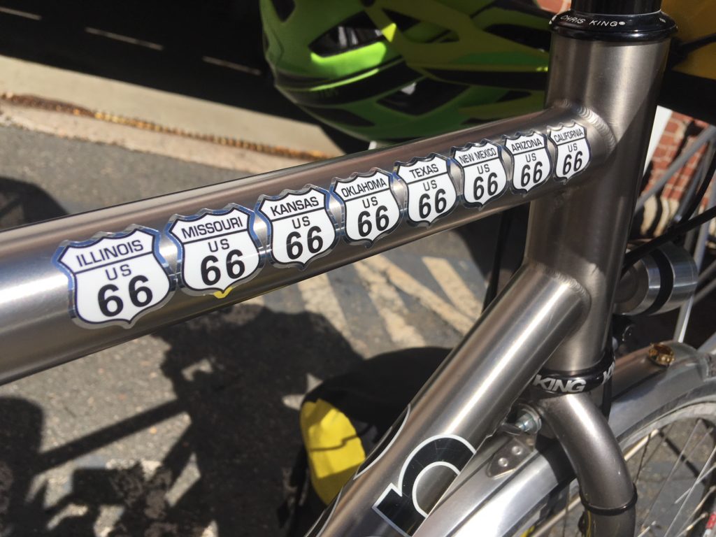 Eight 'route66' decals on Bob's top tube