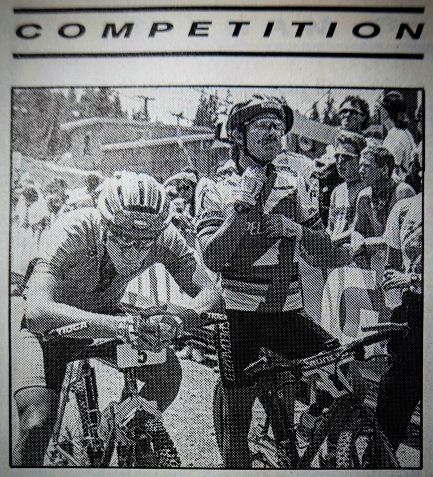 newspaper clipping of the Mammoth World Cup with John Tomac and Ned Overend