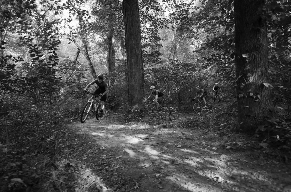 four riders in the woods