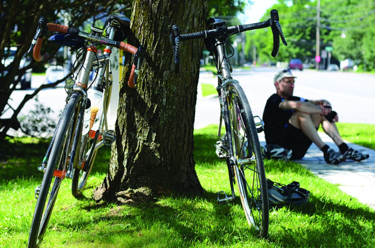 two bikes leaning against a tree