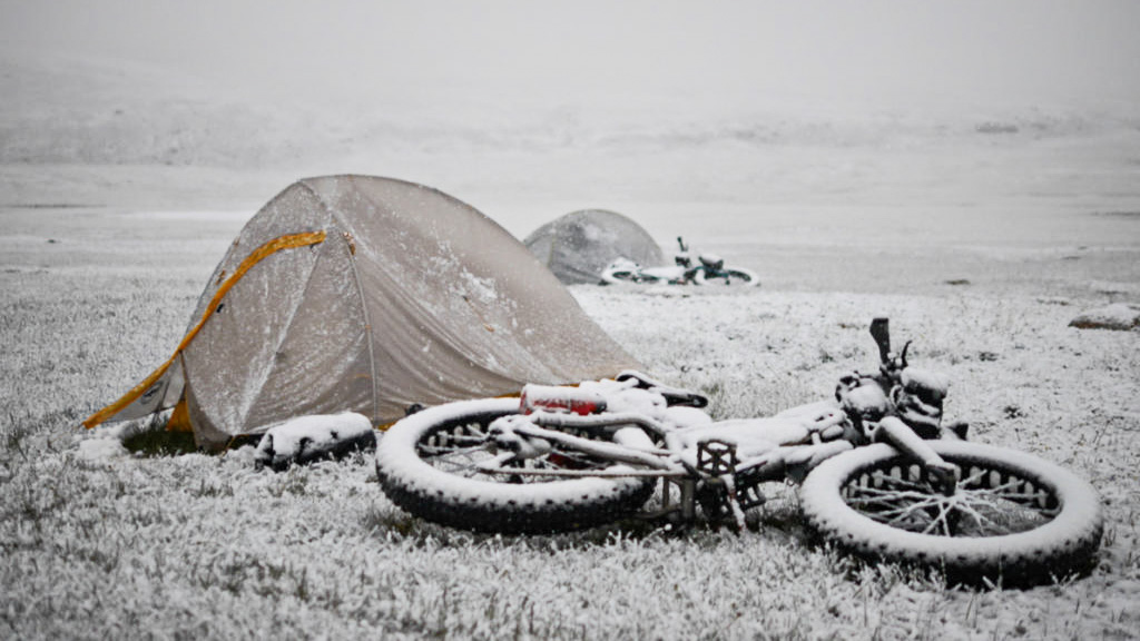 Bikepacking winter tent camp